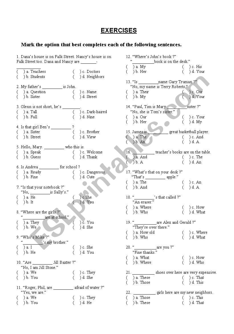 MULTIPLE CHOICE EXERCISES worksheet