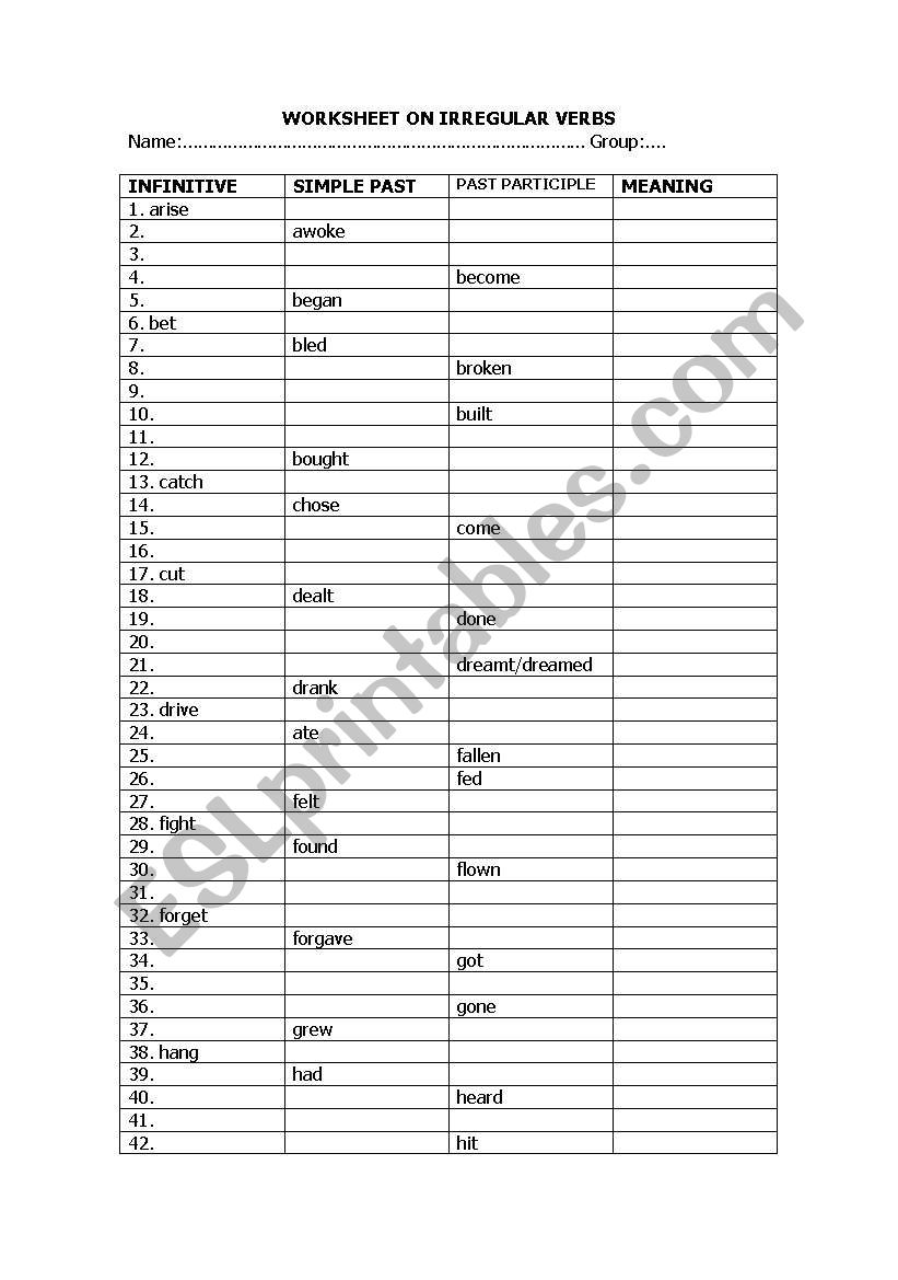 Irregular verbs worksheet