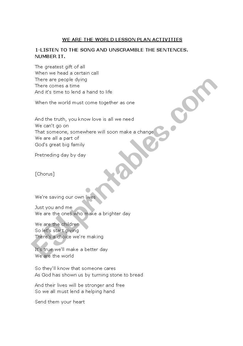 We are the World Song worksheet