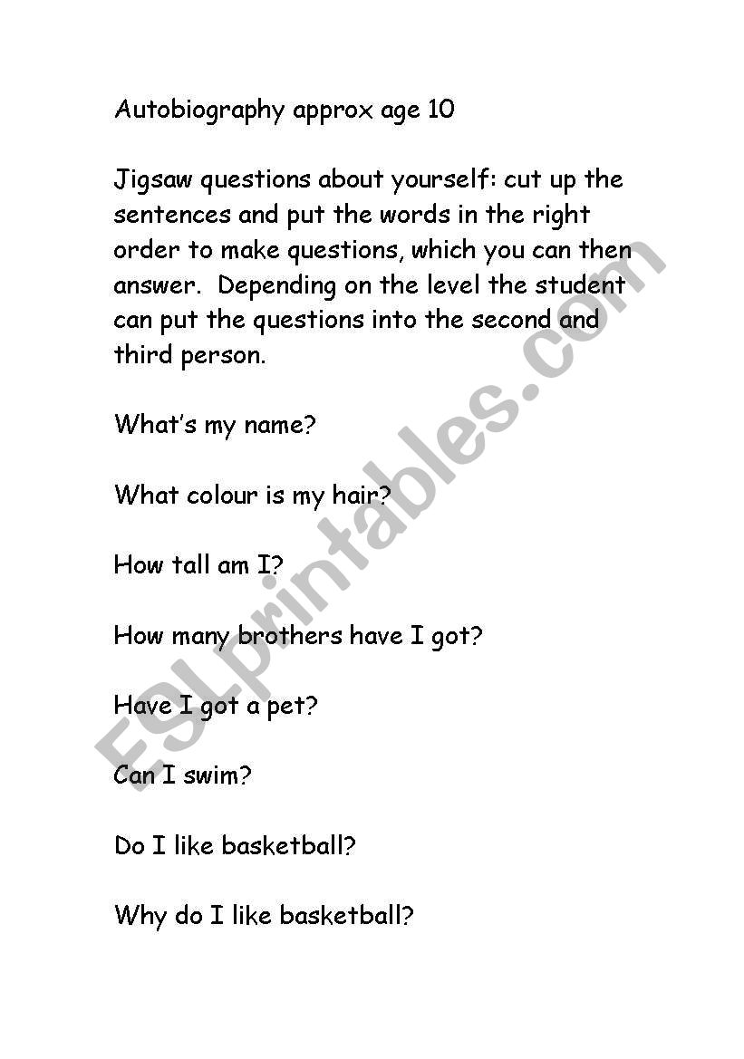 Autobiography questions worksheet