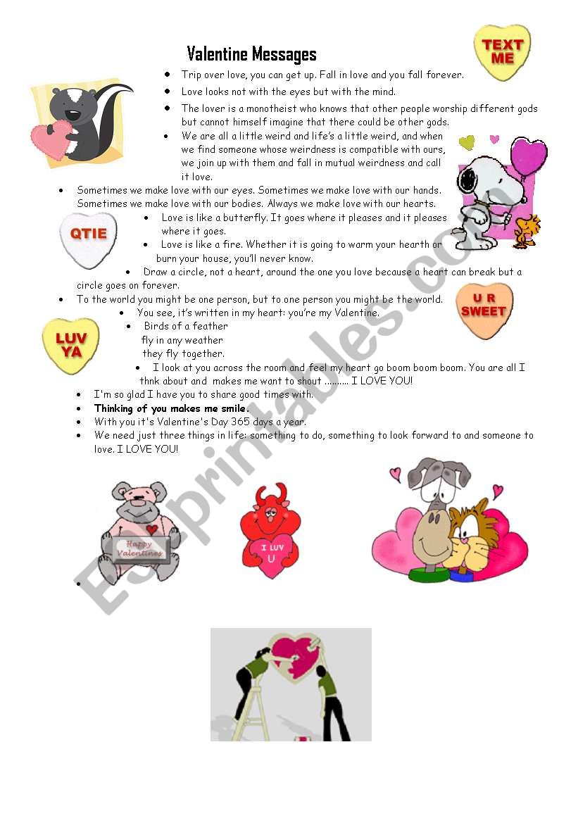 Valentine messages worksheet
