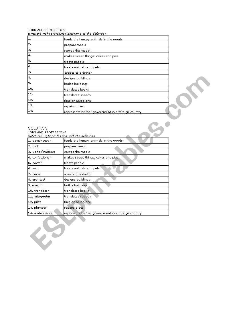 Jobs and Profession worksheet