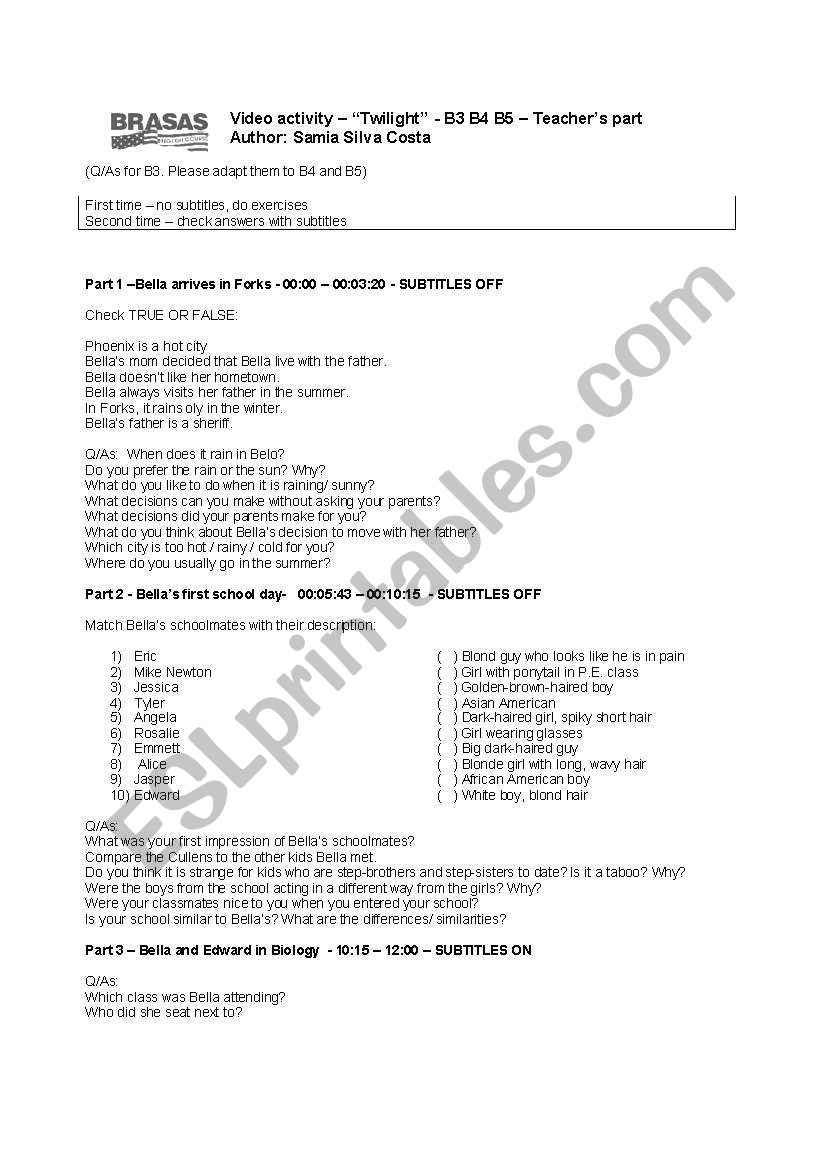 Movie Activity - Twilight worksheet