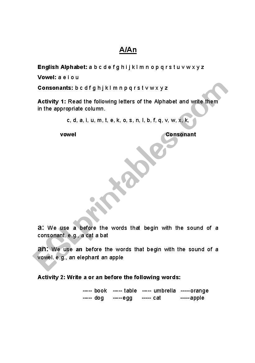 Teaching Article a/an worksheet