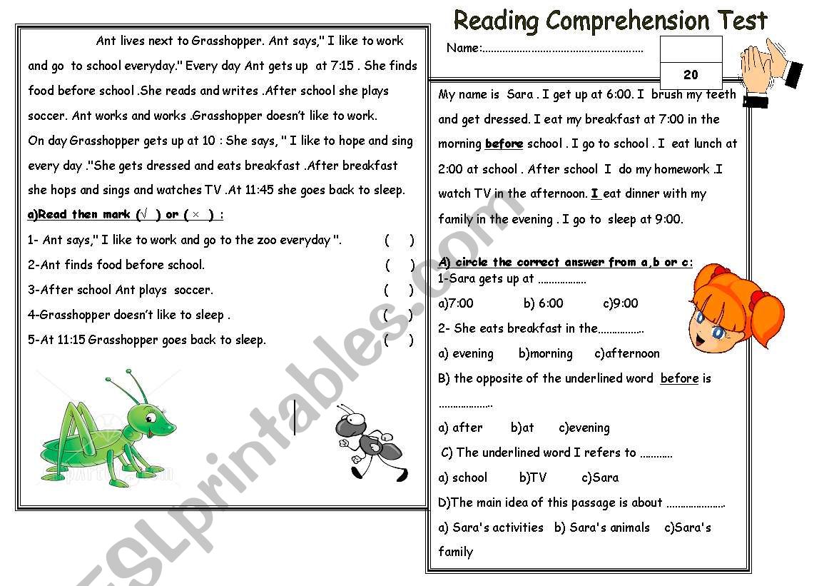 reading exam worksheet