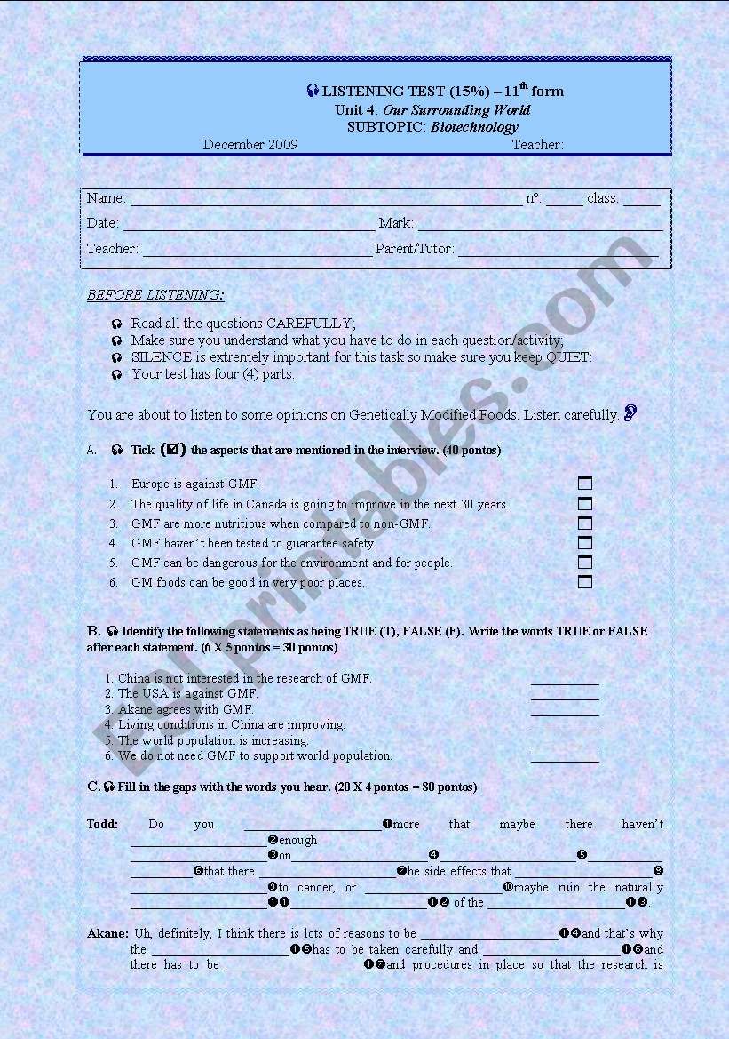 Listening Comprehension Test - Genetically Modified Foods