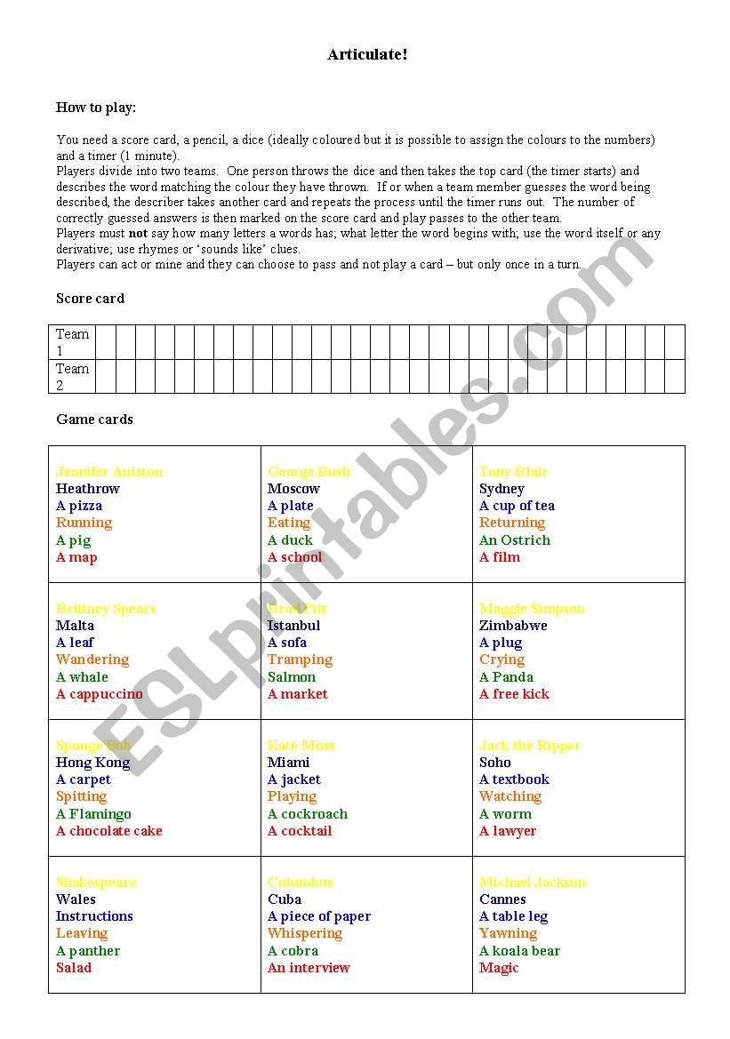 Articulate: description game worksheet