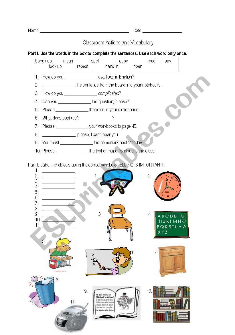 Classroom Actions and Objects worksheet