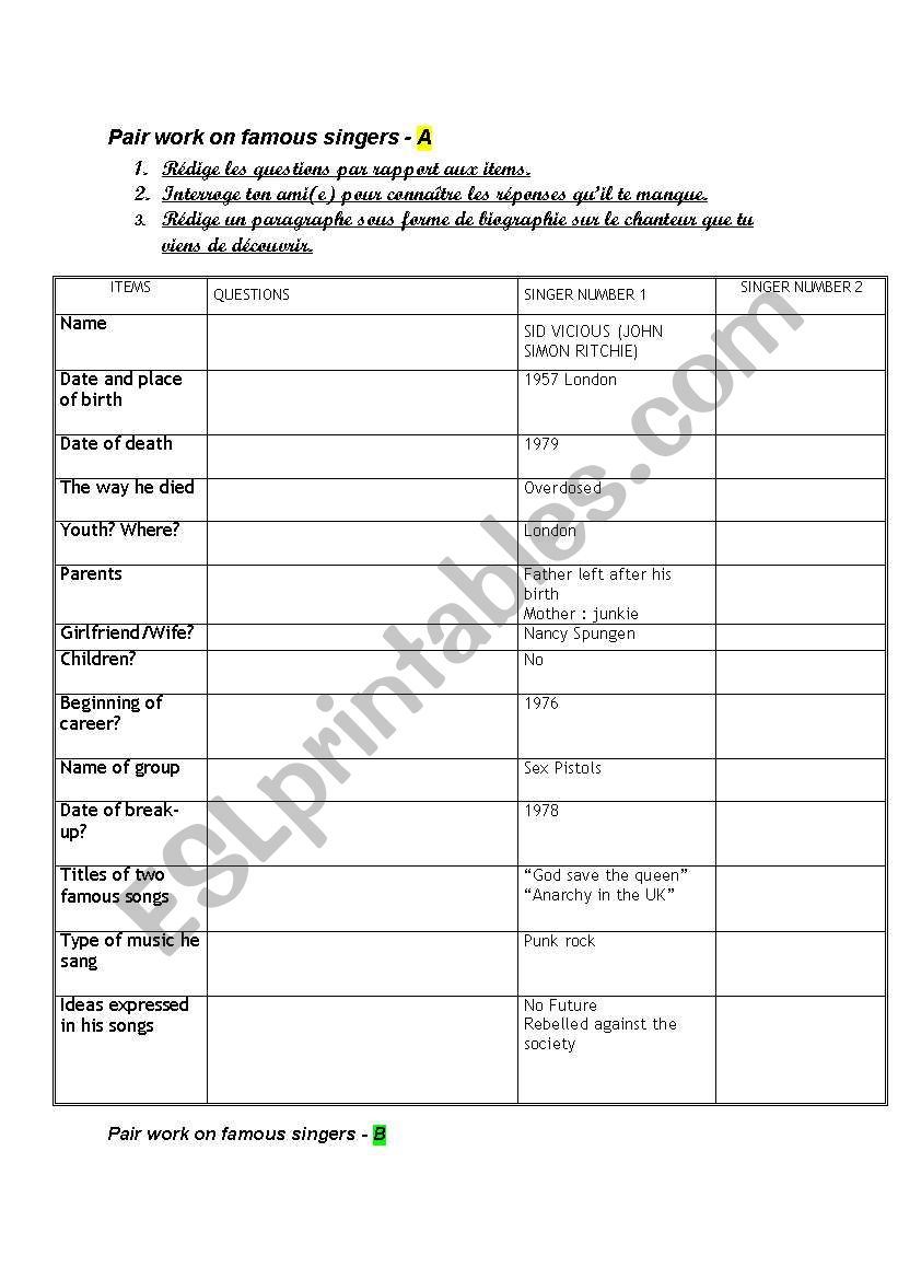 pair work on famous singers  worksheet