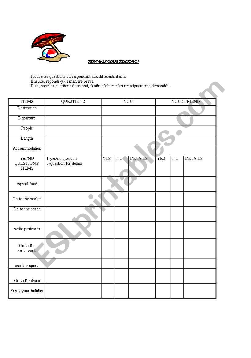 pair work holiday worksheet