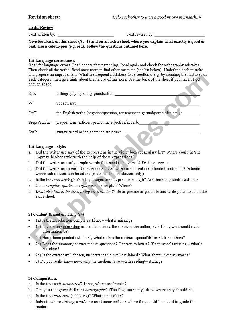 revision sheet review worksheet