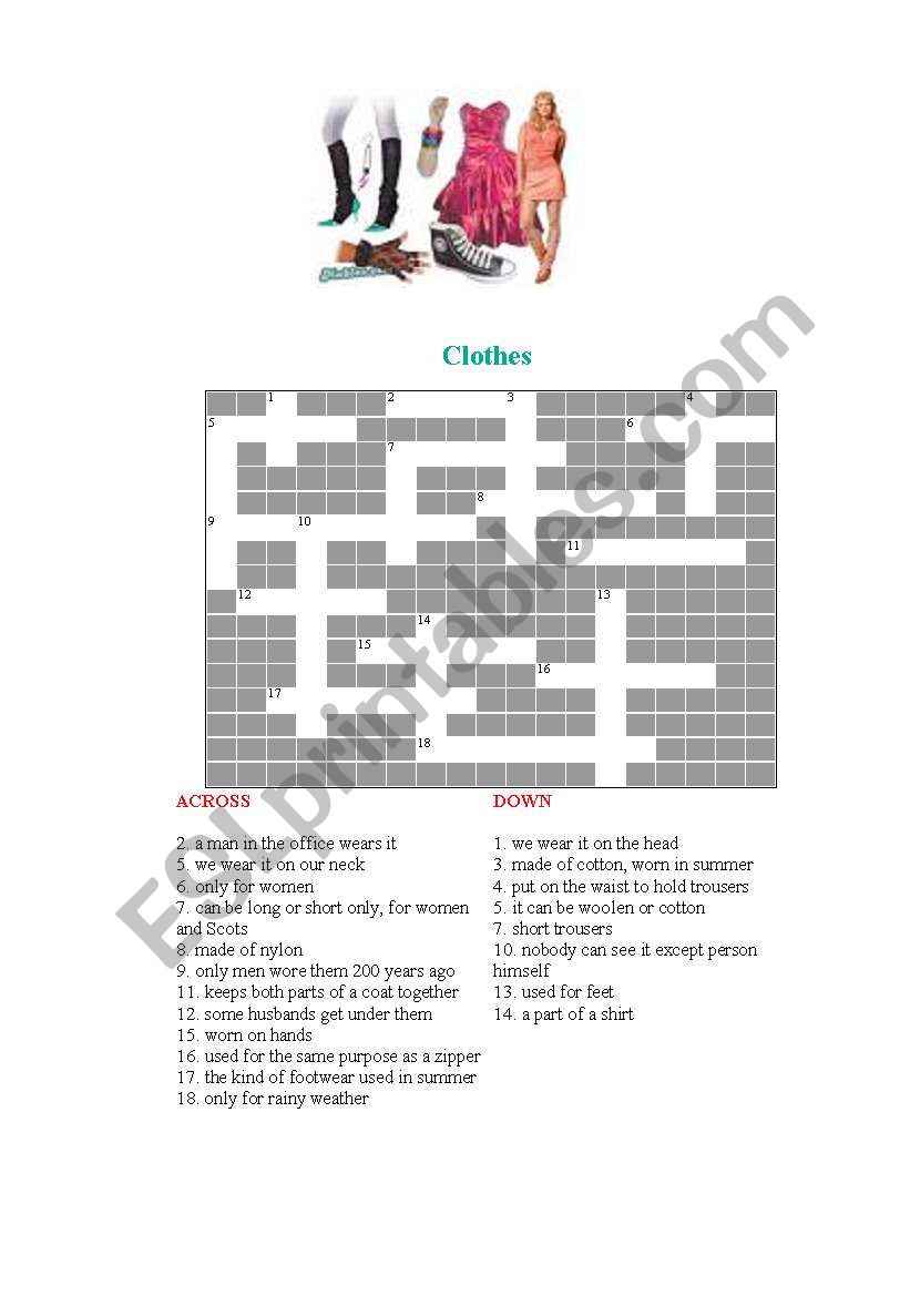 Clothes crossword worksheet