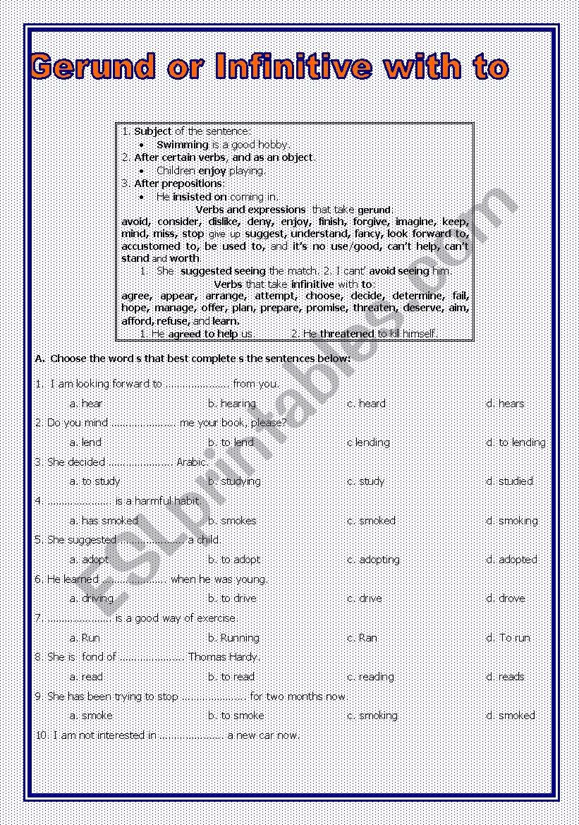 Gerund or infinitive with to  worksheet