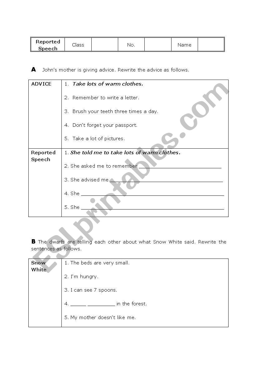 Reported Speech worksheet