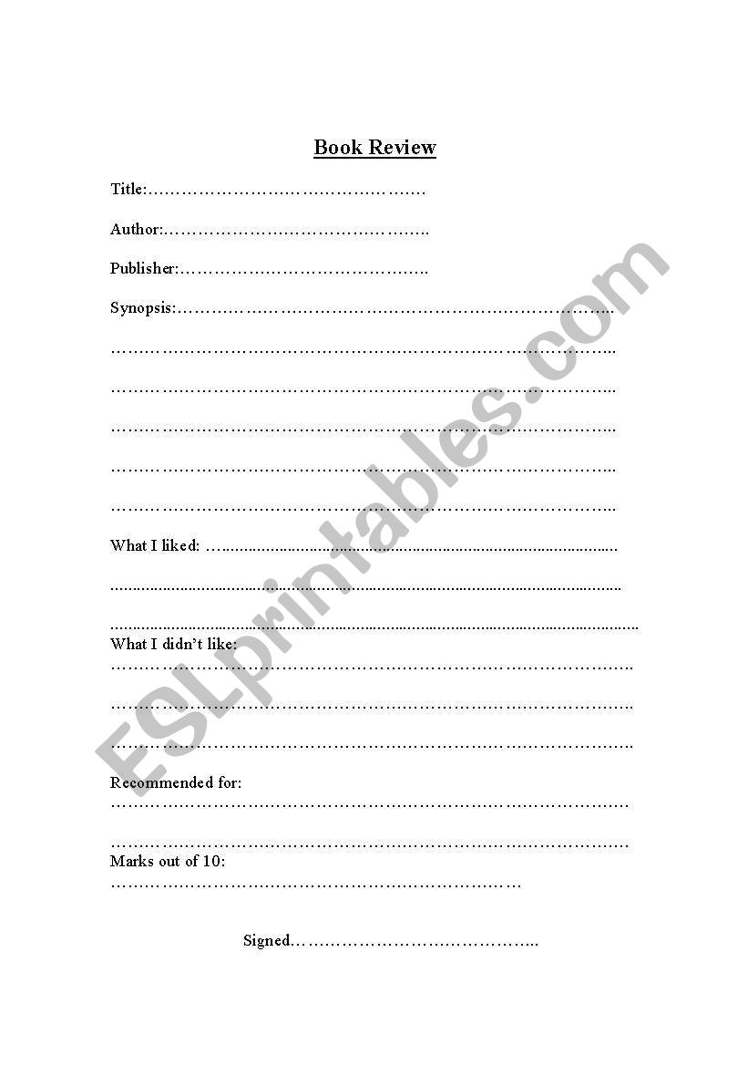 book review form worksheet