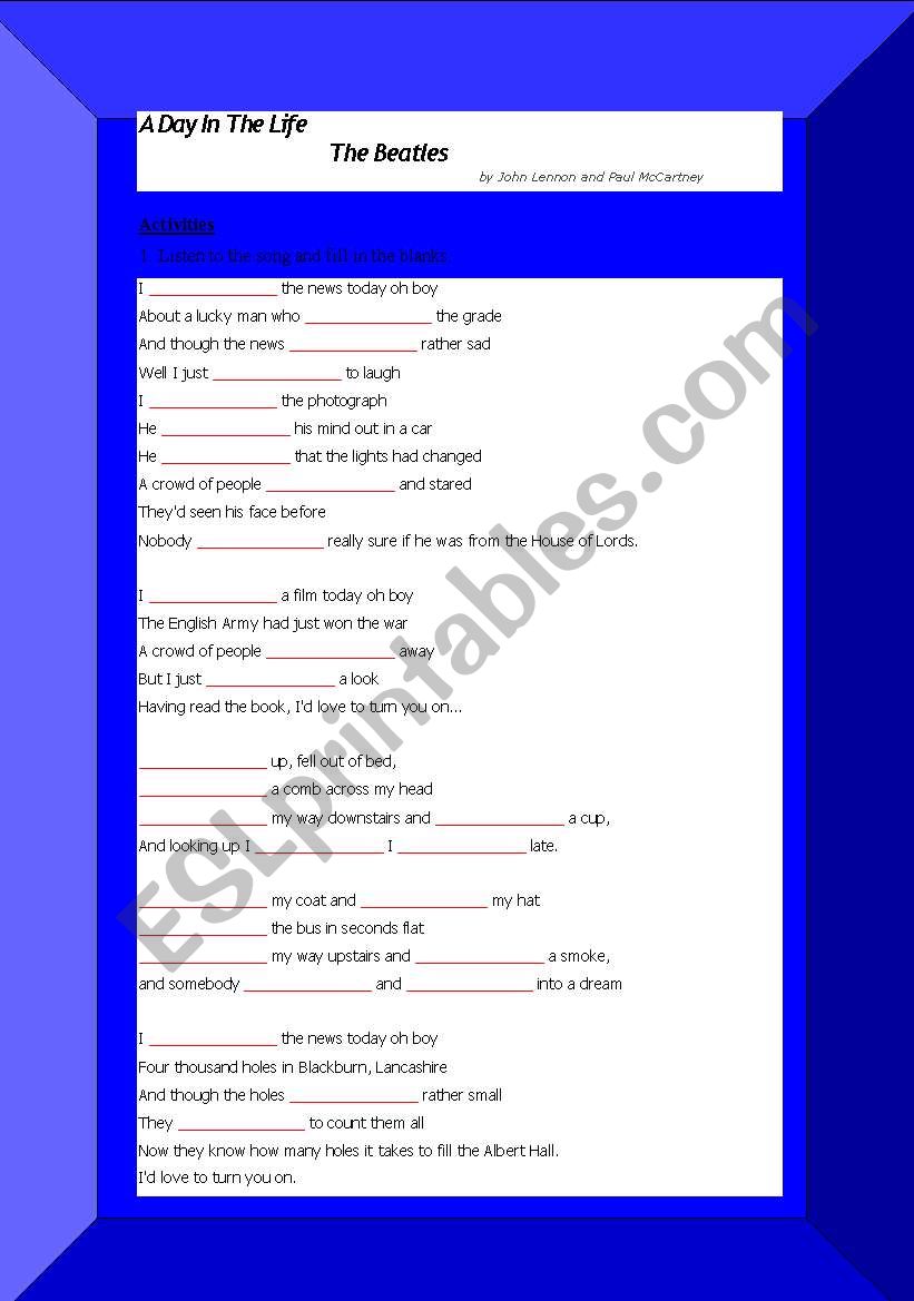 Song: A Day in the Life worksheet