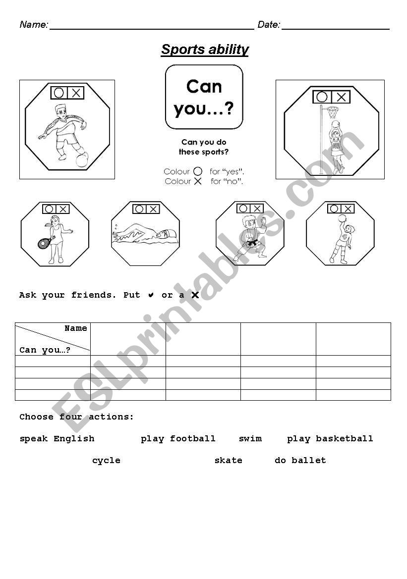 Sports ability worksheet