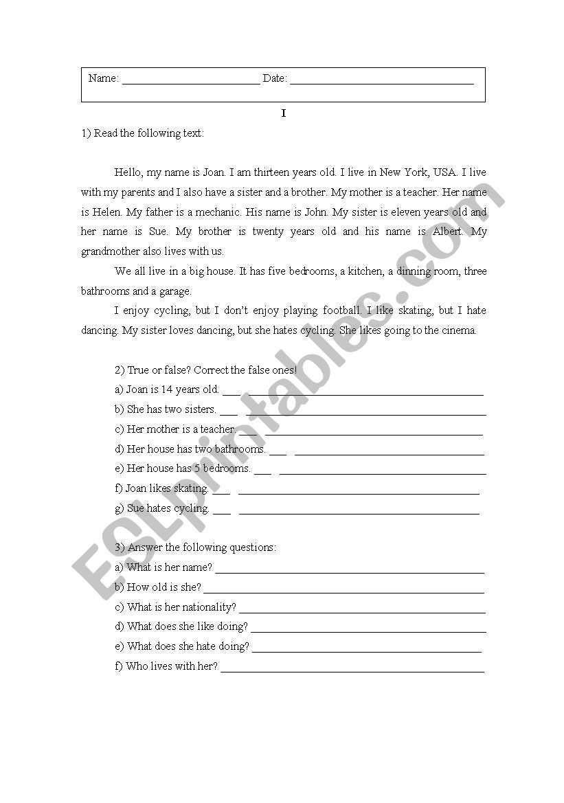 reading comprehension worksheet