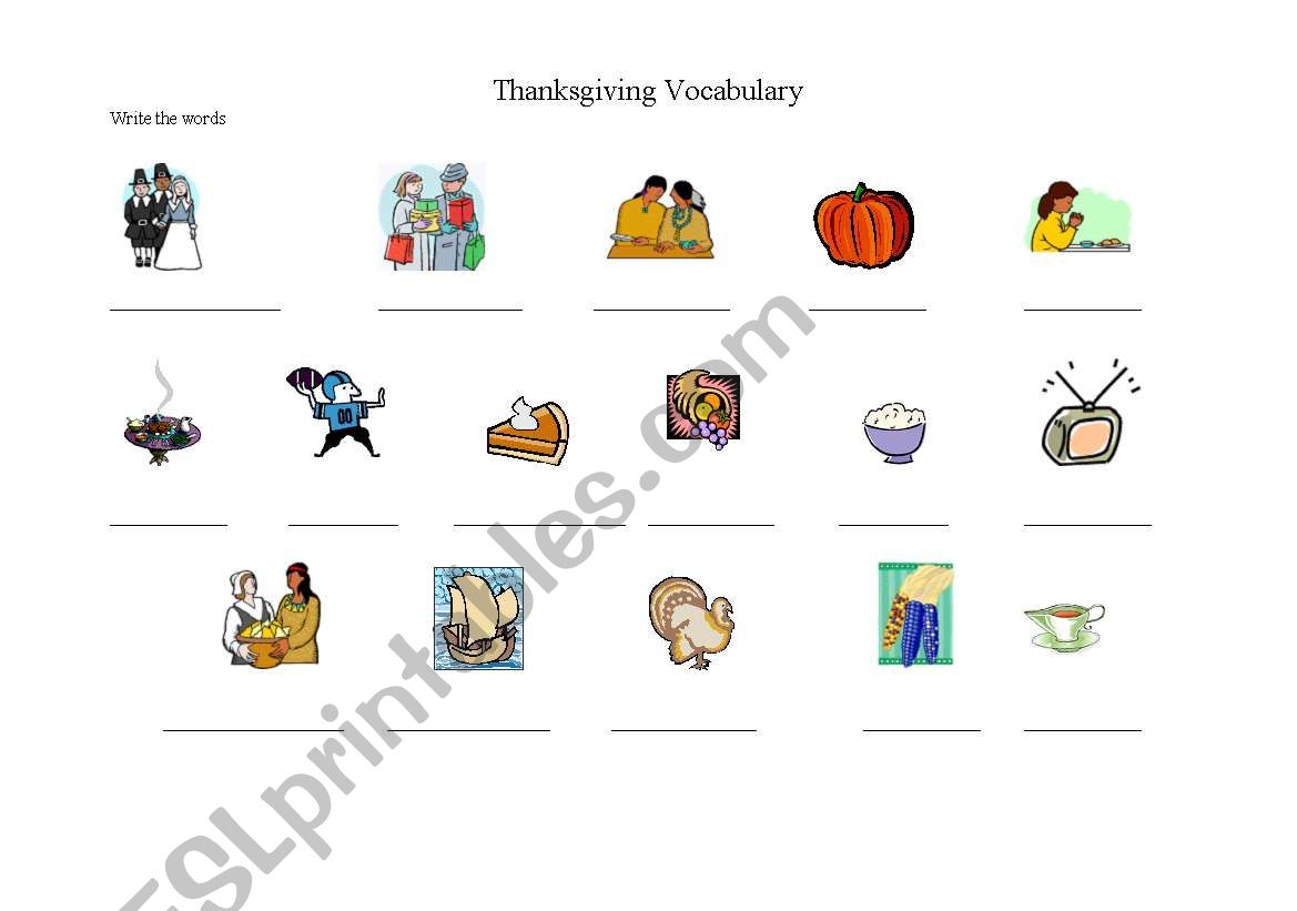 Thanksgiving Vocab Write the Word worksheet
