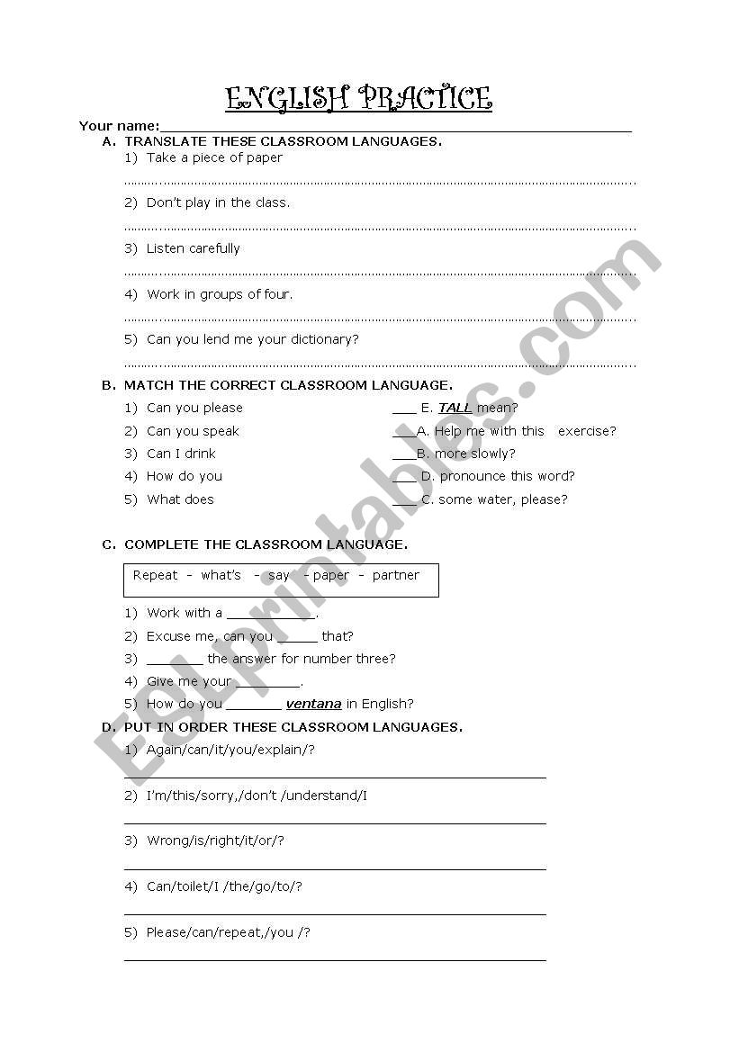 CLASSROOM LANGUAGE worksheet