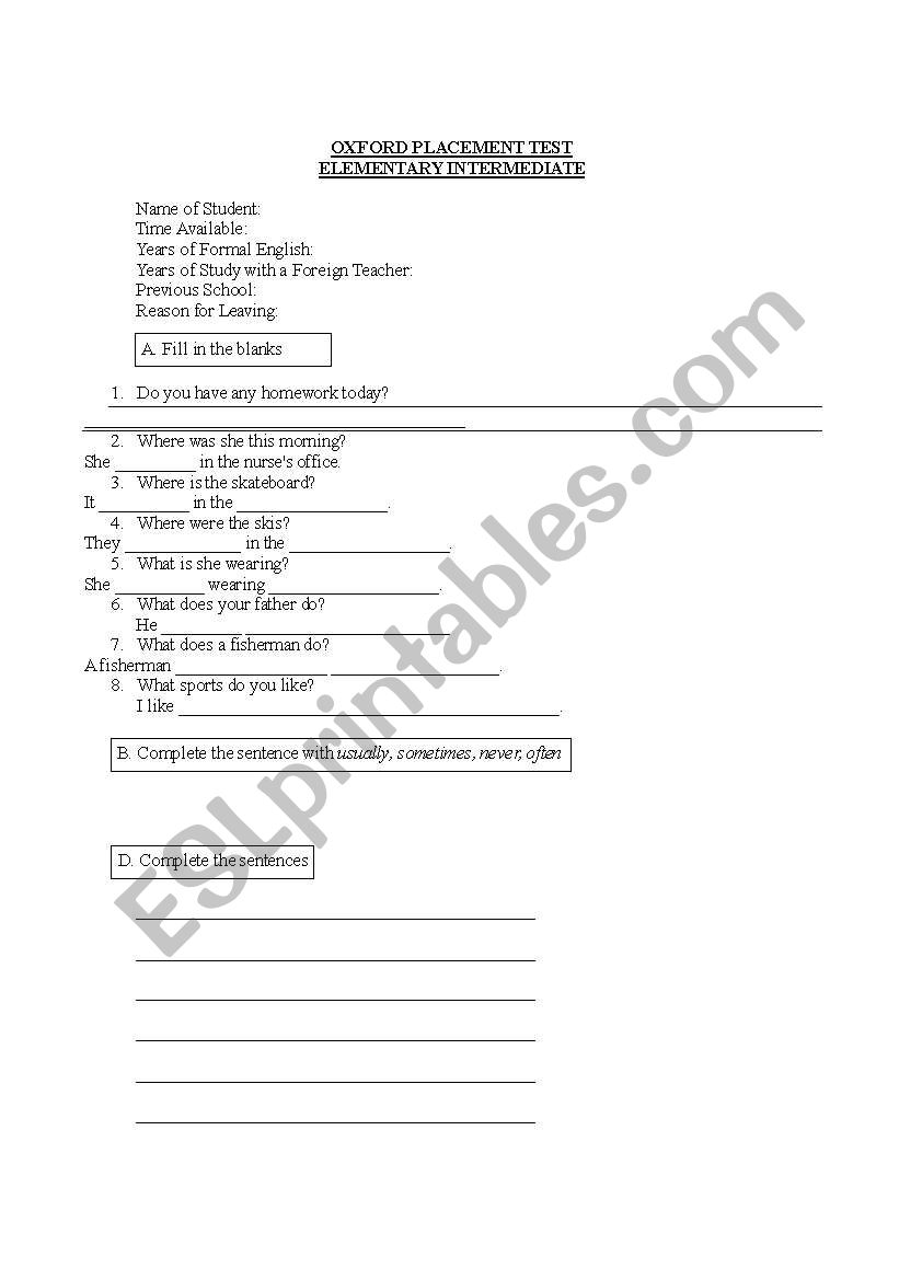 Placement Test worksheet