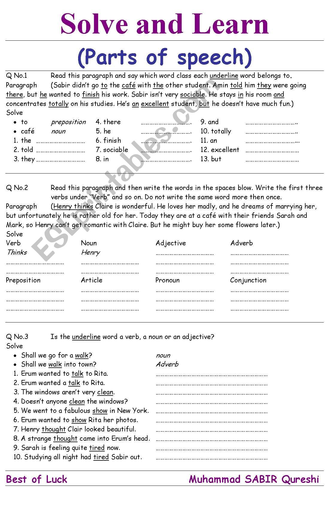 Solve and Learn ( Parts of Speech )