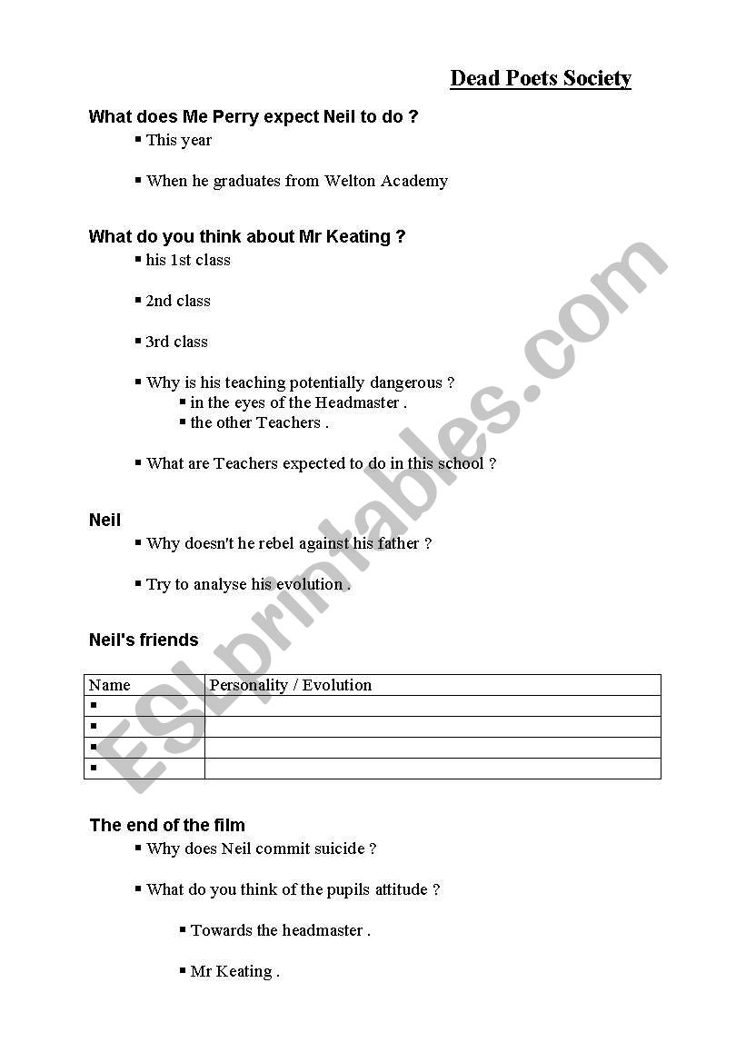 dead poet society worksheet