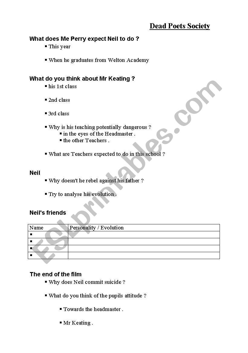 dead poet society worksheet