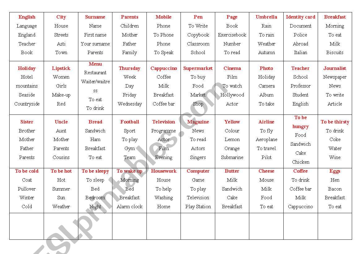 Playing TABU worksheet