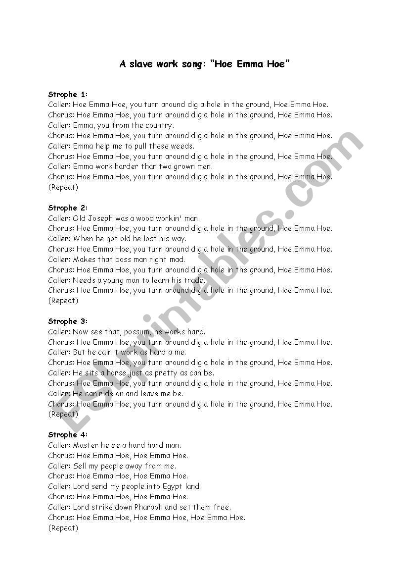 Slave Work Song worksheet