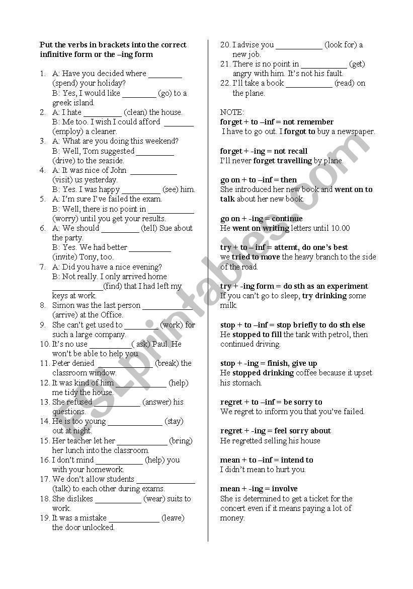 gerunds and infinitives worksheet