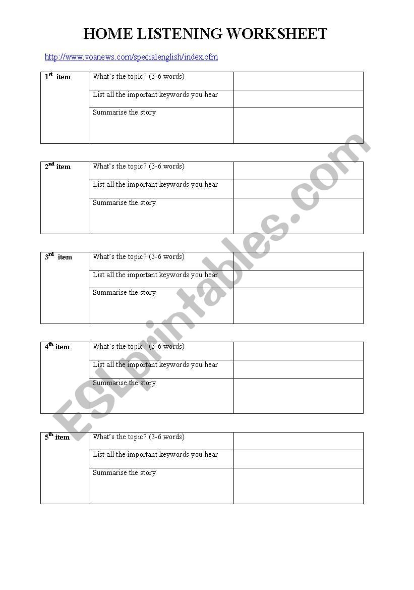 Home listening worksheet worksheet