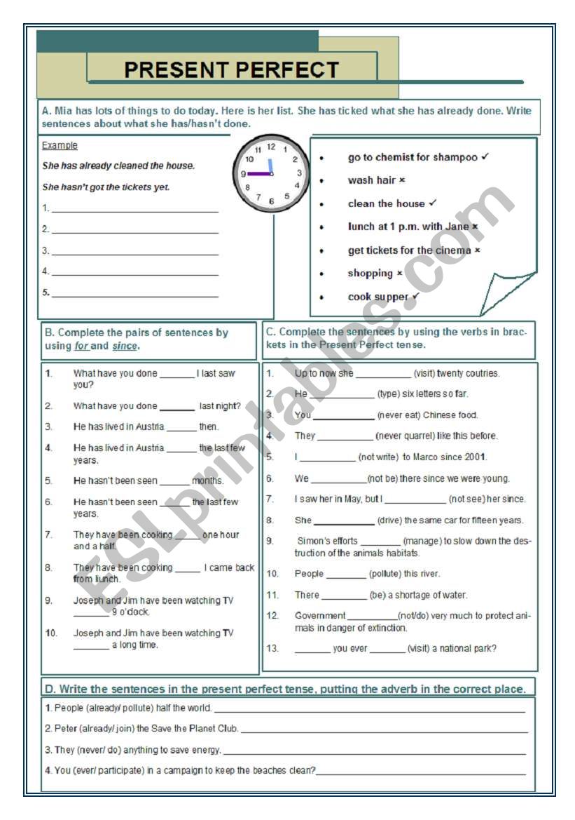 Present Perfect - exercises(19.11.09) - ESL worksheet by manuelanunes3