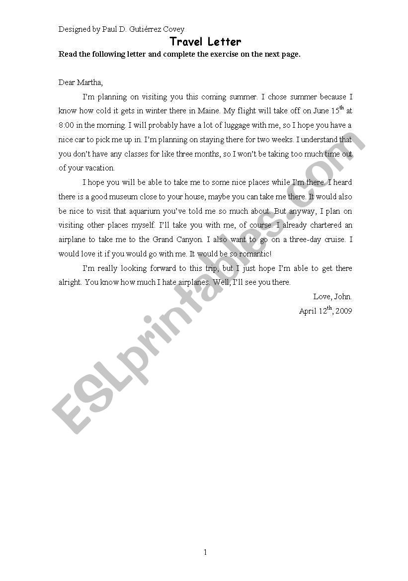 Travel Letter worksheet