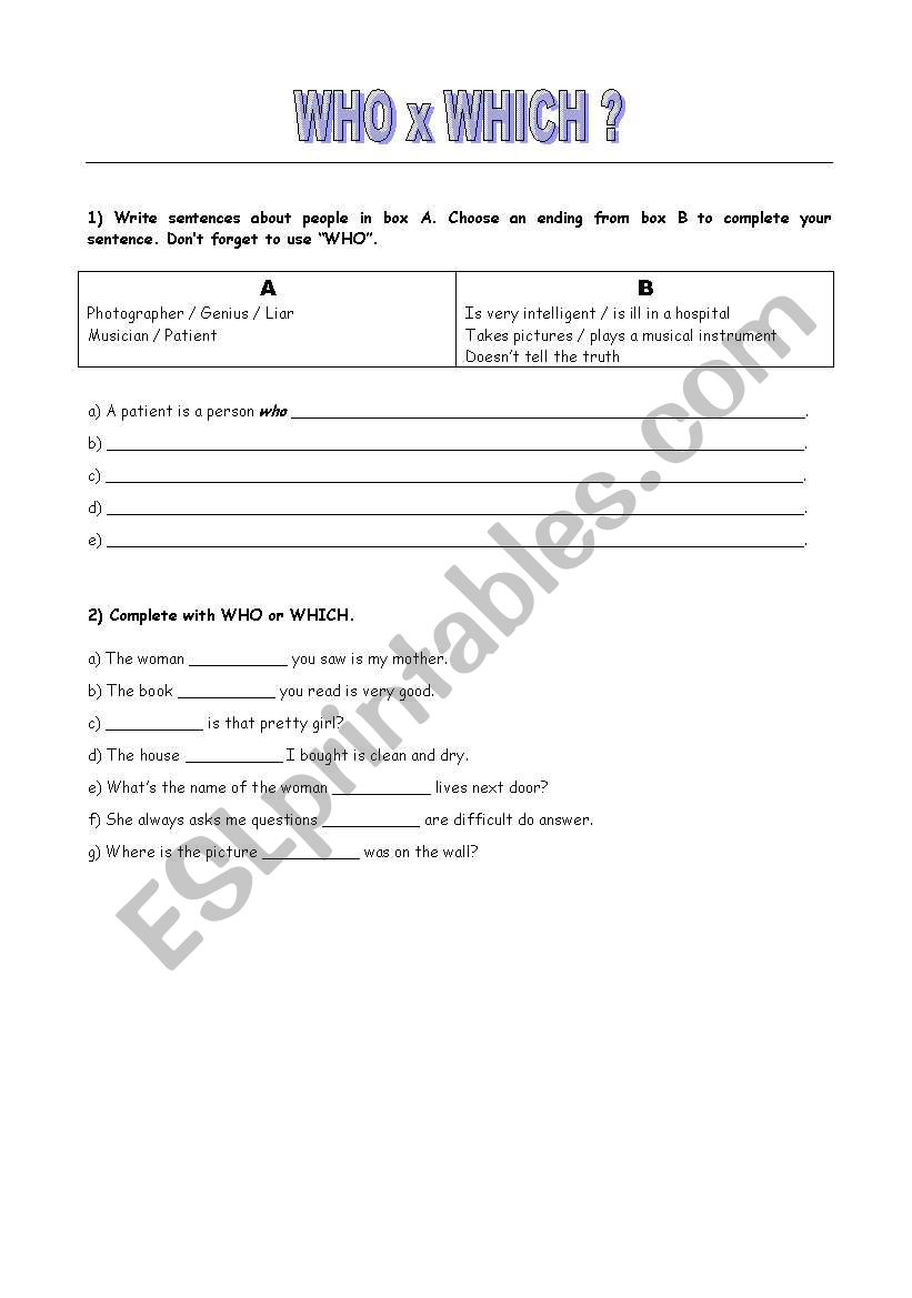 Who or Which? worksheet