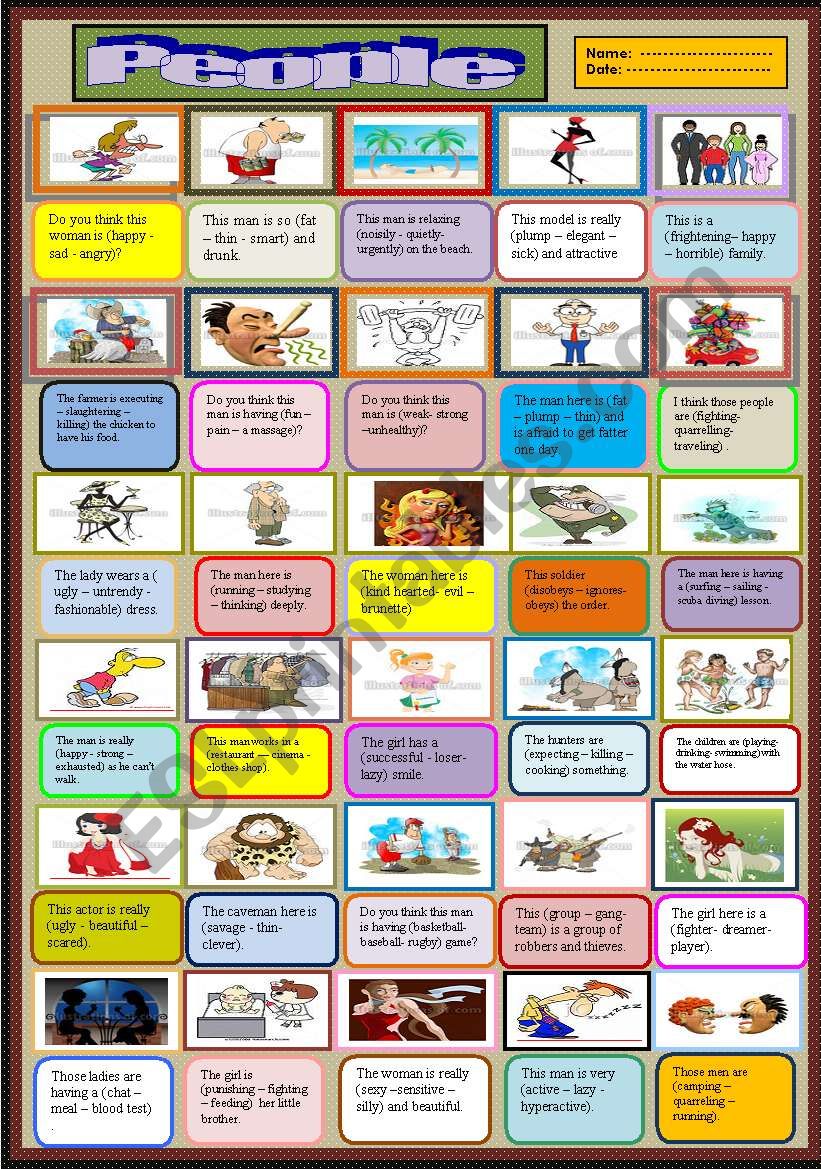 people,adjectives and verbs worksheet