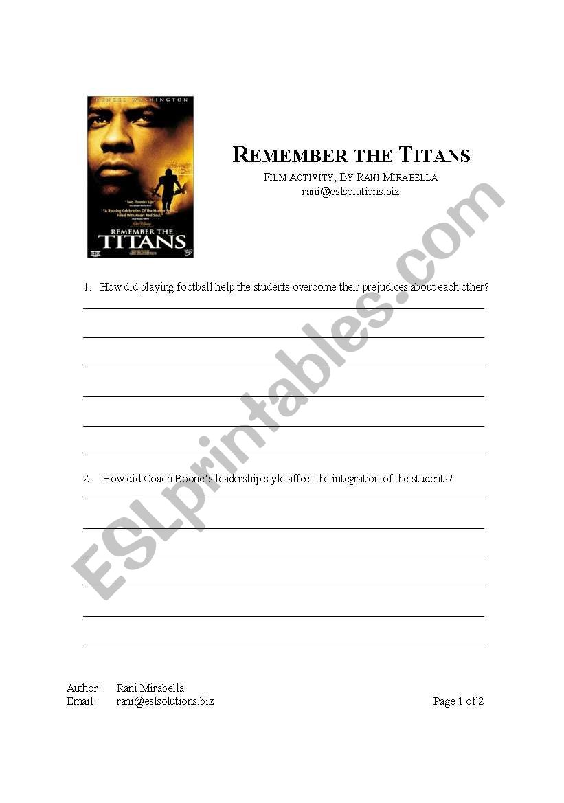 Remember the Titans worksheet
