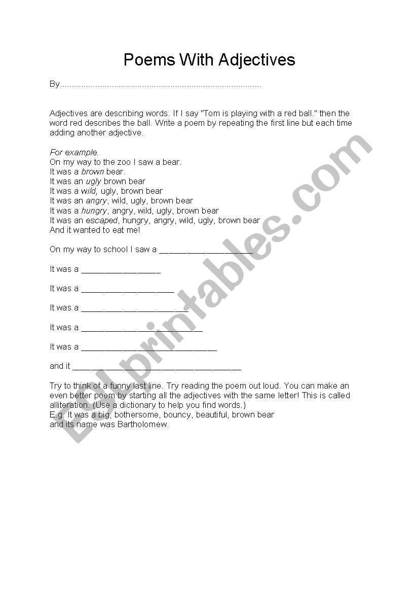 Poems with adjectives worksheet