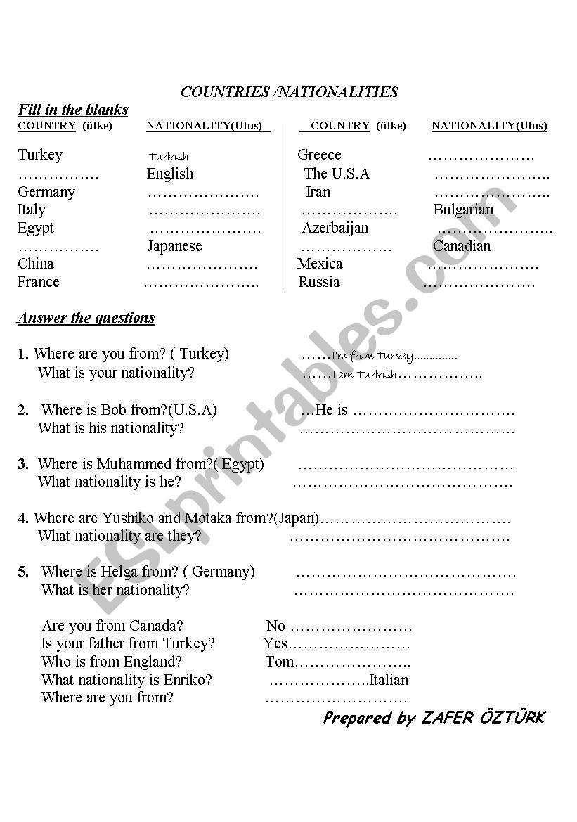 countries/ nationalities worksheet