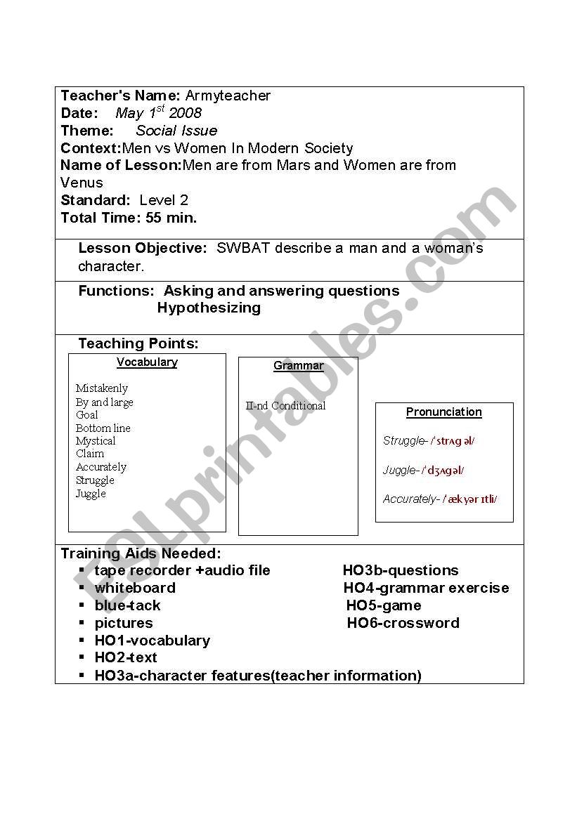 Men are from Mars and Women are from Venus - ESL worksheet by armyteacher