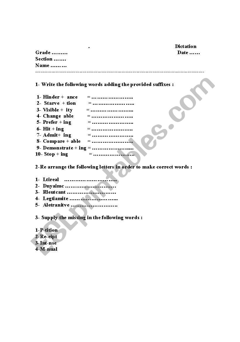 dication worksheet