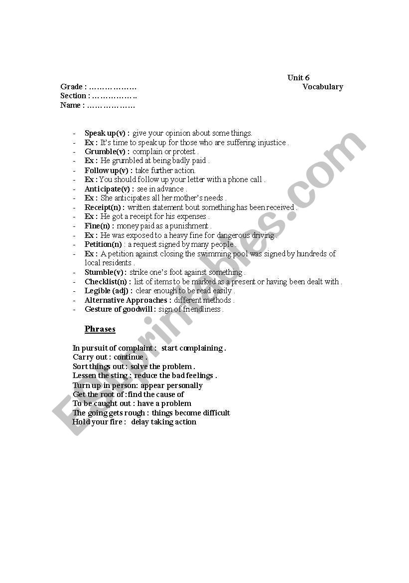 vocab worksheet