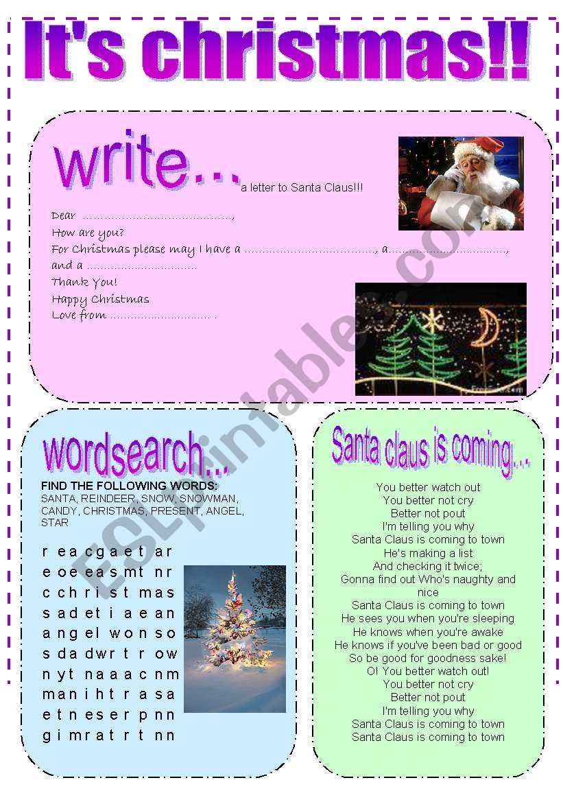 christmas reading, writing and wordsearch