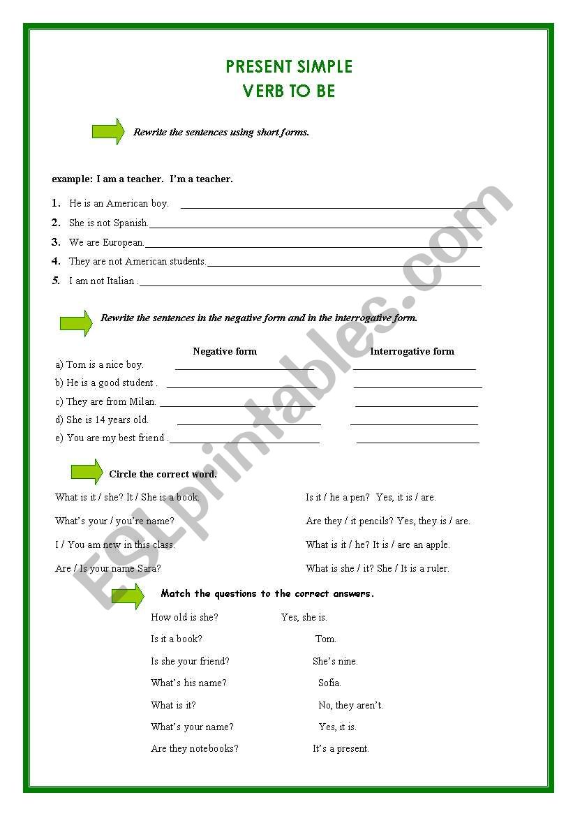 simple present verb to be worksheet