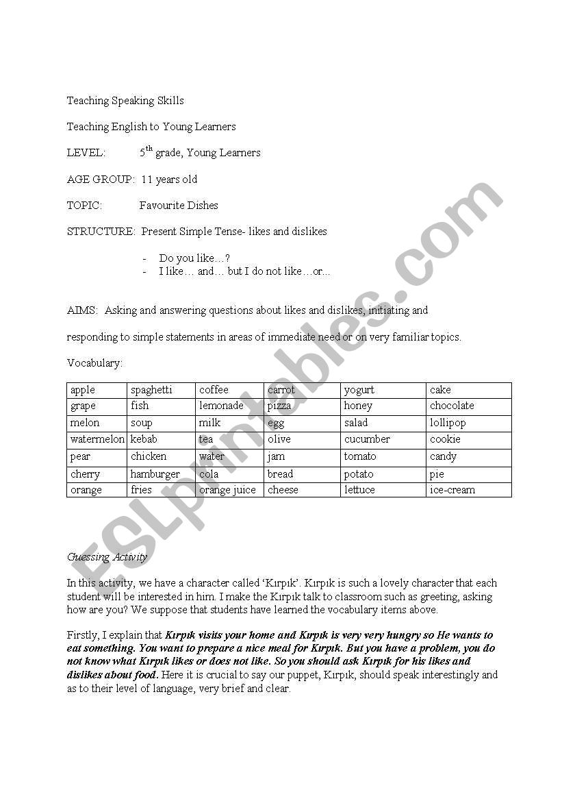 Favorite dishes  worksheet