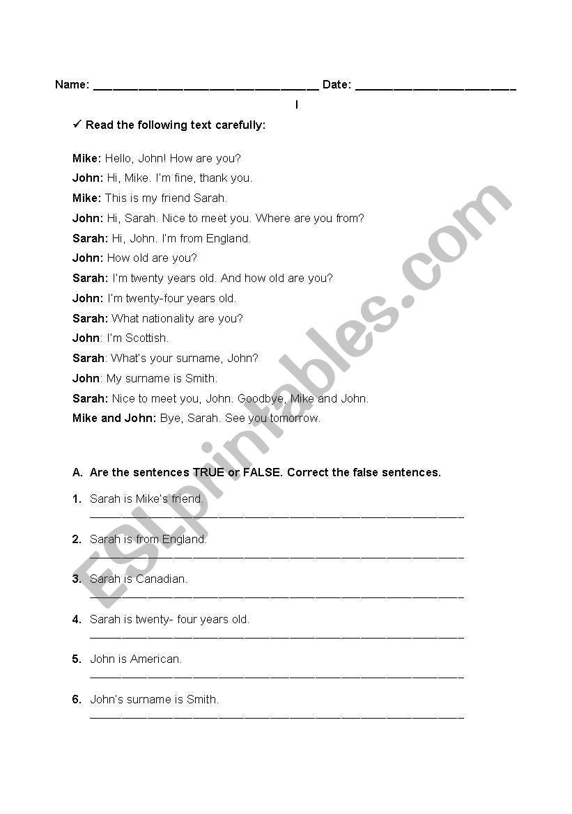 Personal Identification worksheet