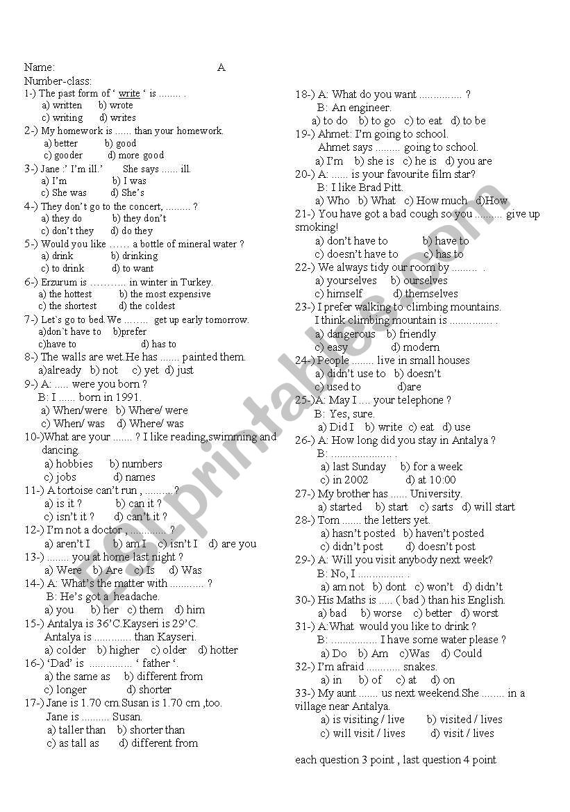 a test worksheet