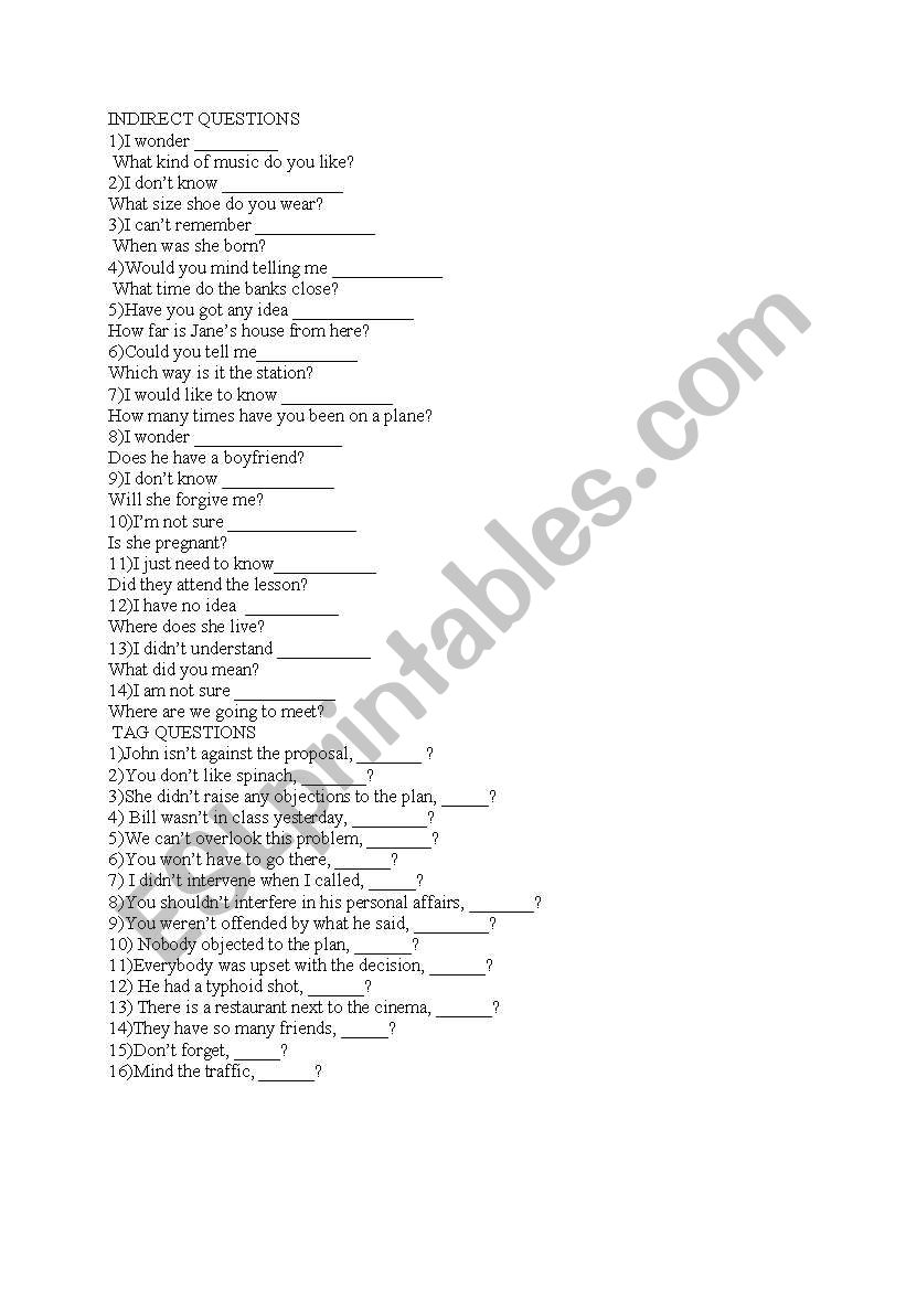 tag and indirect questions worksheet