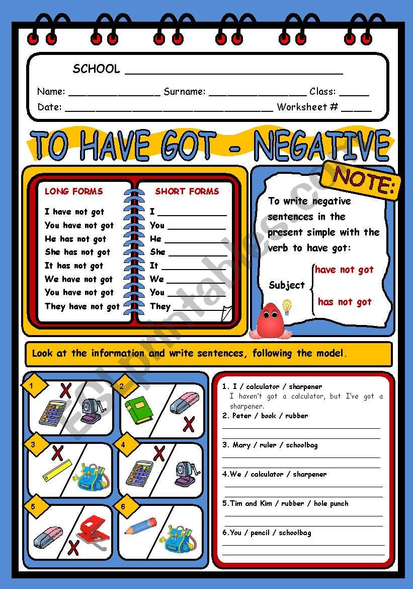 HAVE GOT - NEGATIVE worksheet