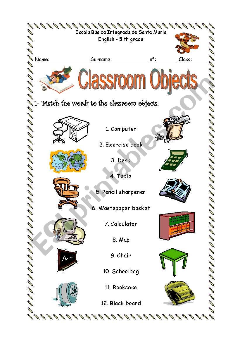 classroom objects matching worksheet